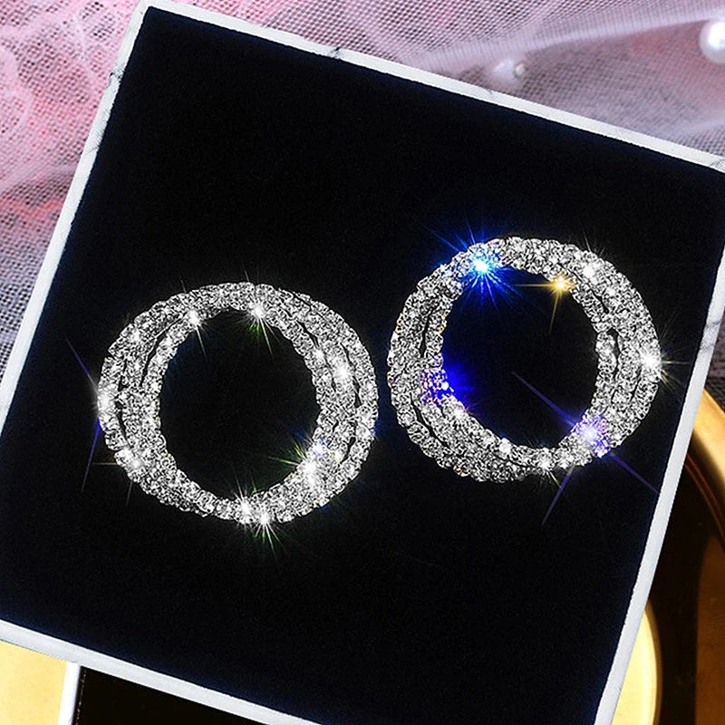 Huitan CZ Crystal Round Stud Earrings – Silver Micro Paved Women