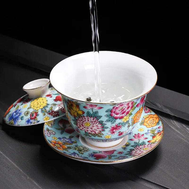 HMLOVE White Porcelain Sancai Gaiwan Enamel Cover Bowl Lid Saucer