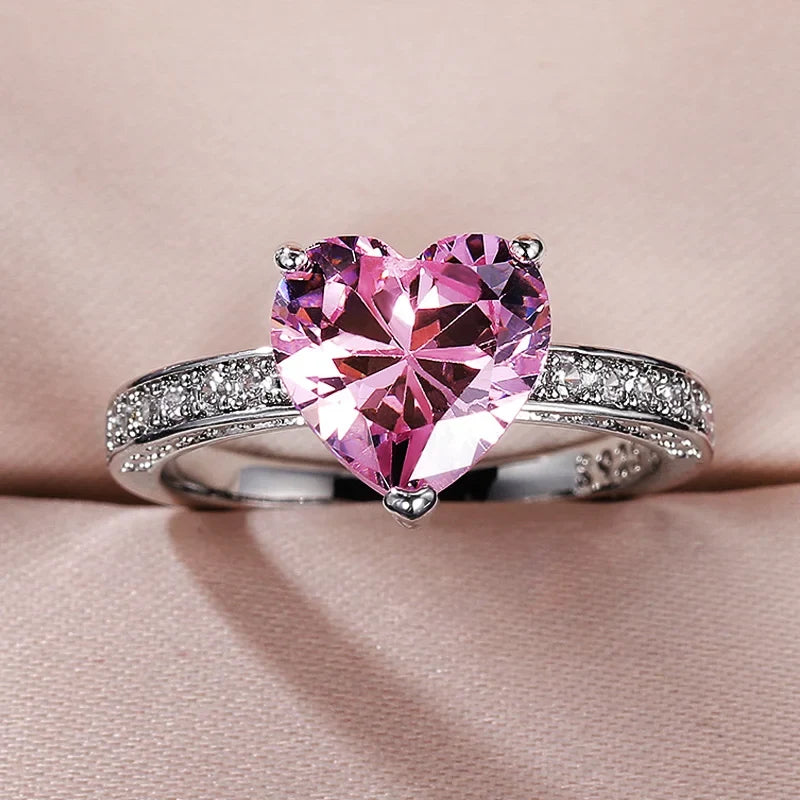 Huitan Pink Cubic Zirconia Heart Solitaire Ring for Women