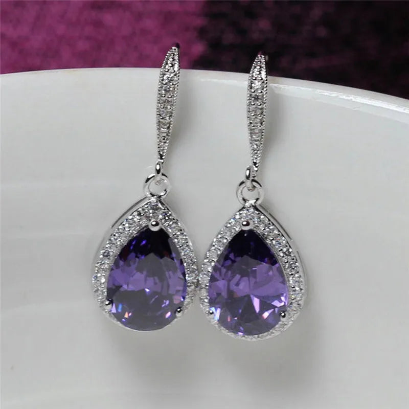 Huitan CZ Drop Earrings – White, Blue & Purple for Women