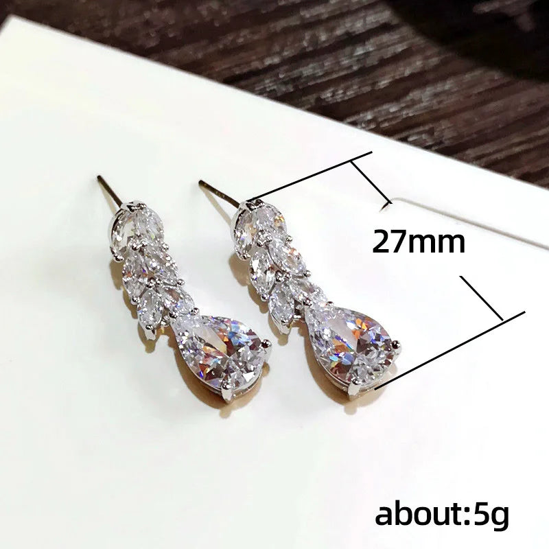 Huitan Leaf & Water Drop CZ Bridal Drop Earrings for Women