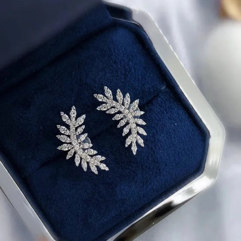 Huitan Silver Leaf CZ Stud Earrings – Women's Fashion Jewelry