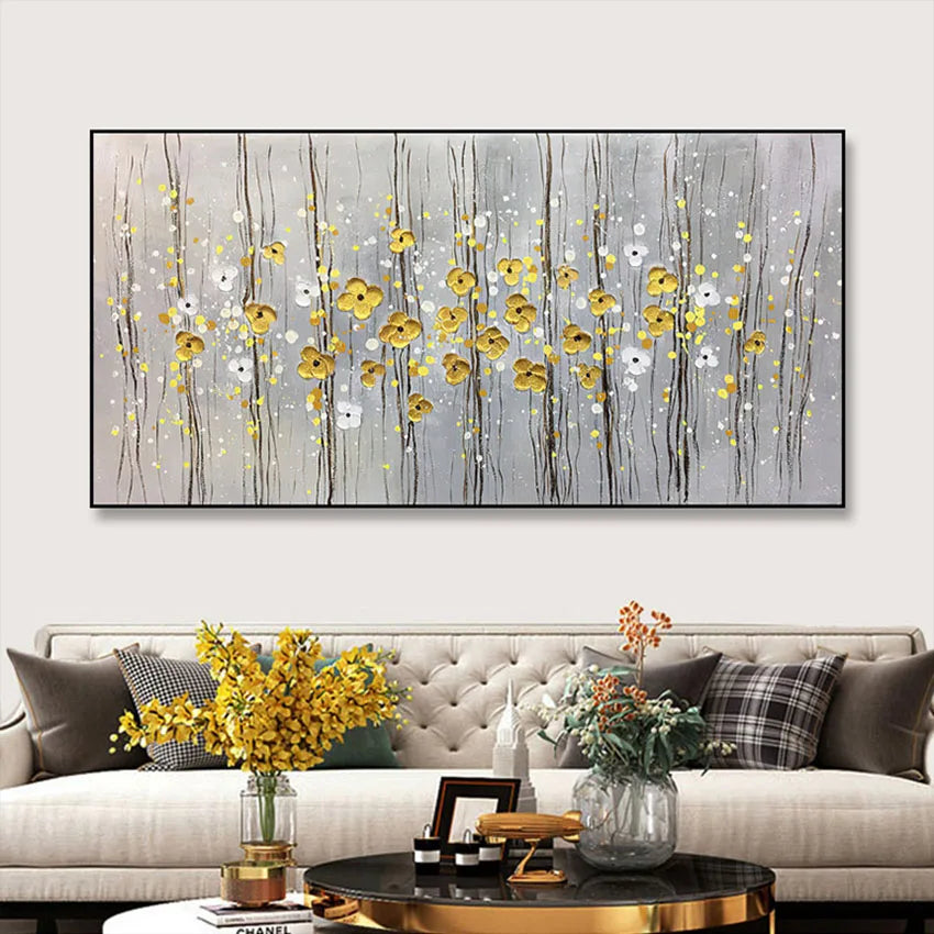 Golden Flowers Hand-Painted Oil Painting on Canvas Wall Art