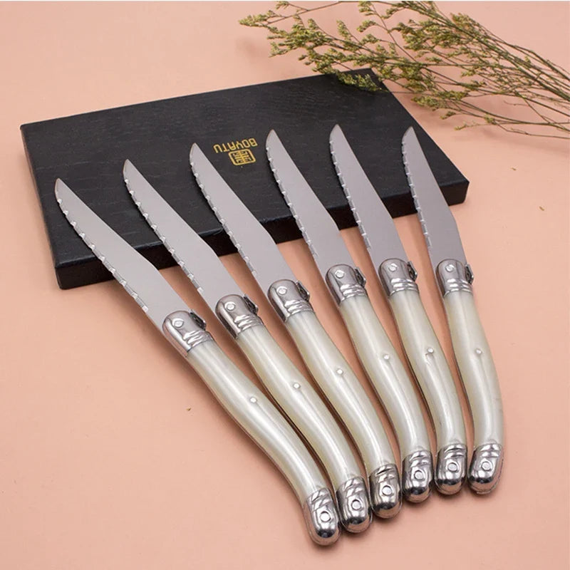 Laguiole Steak Knife Set 4–12pc | Pearl White Handles