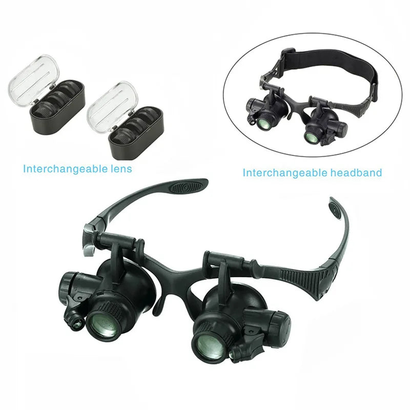 LED Headband Magnifier Glasses 10X–25X | Watch Repair Loupe