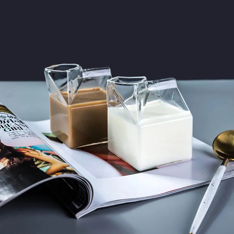KEMORELA Milk Box Shape Glass Cup 250ml – Cute Drinkware