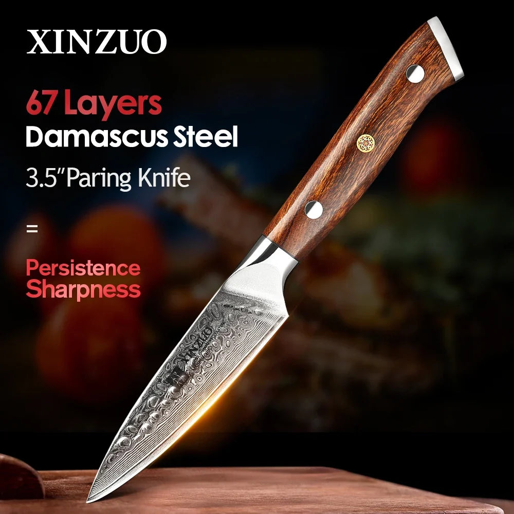 XINZUO 3.5" Damascus Paring Knife – VG10 Steel & Ironwood