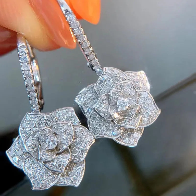 Huitan Floral CZ Dangle Earrings – Silver Drop Earrings Women