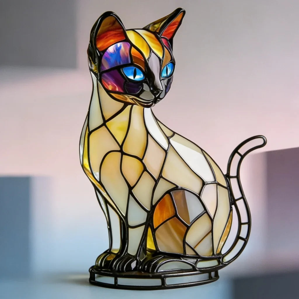Cute Cat Lamp Stained Glass Retro Led Resin Tabletop Night Light