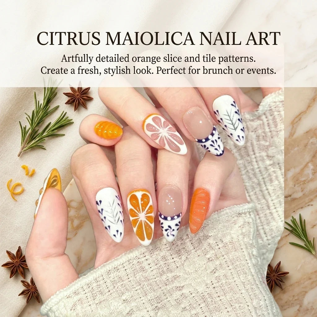 Handmade Press On Nails 3D Grapefruit Orange Almond Set 10pc