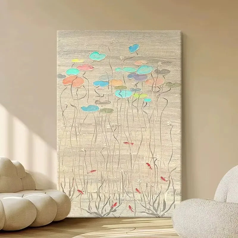 Lotus Pond Abstract Hand-Painted Oil Painting | Canvas Wall Art