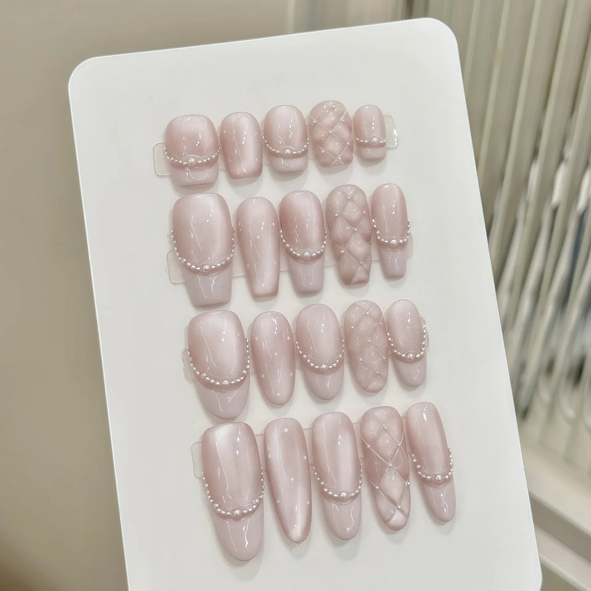 French Pink Cat Eye Press On Nails – Diamond Grid Reusable