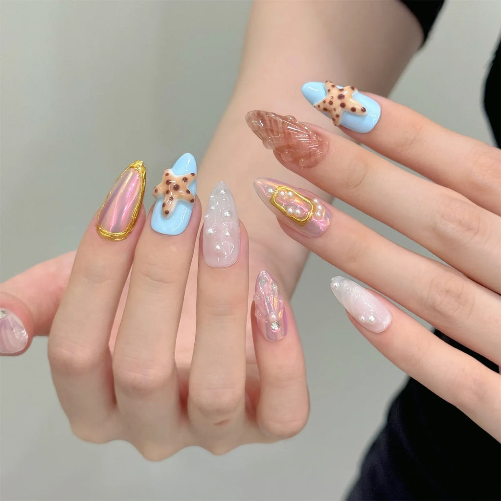Aurora Press On Nails 3D Flower Glitter Pearl Almond Set 10pcs
