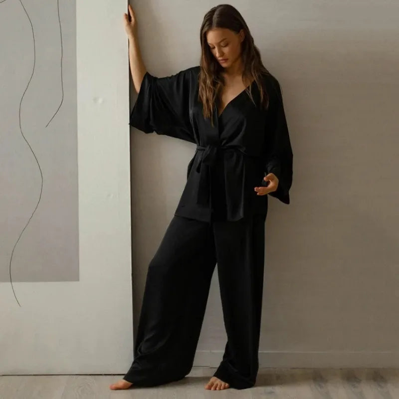 Women's 2-Piece Loose Pajama Set – Long Sleeve V-Neck Lounge Suit