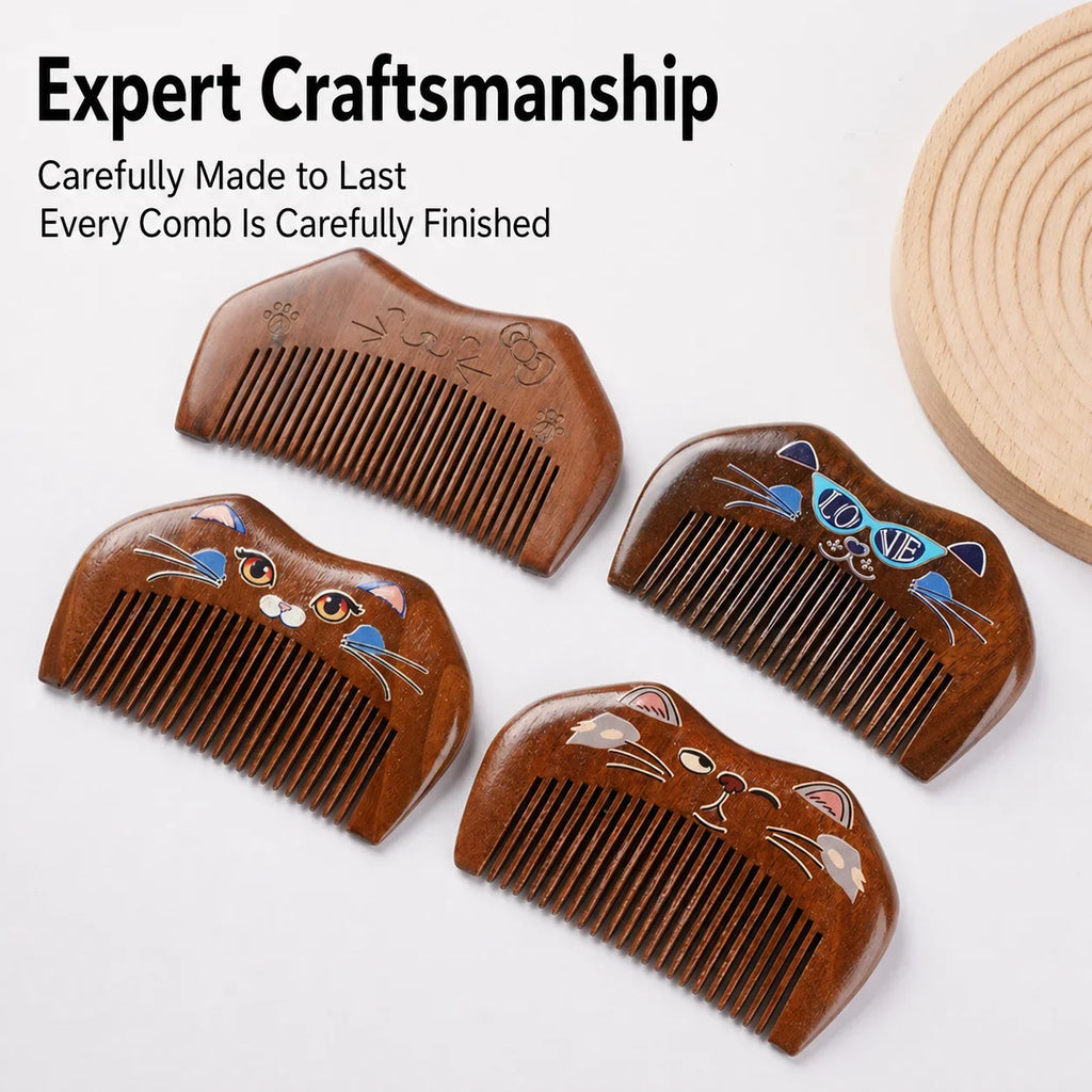 Handcrafted Sandalwood Hair Comb – Carved Cat Design | Portable