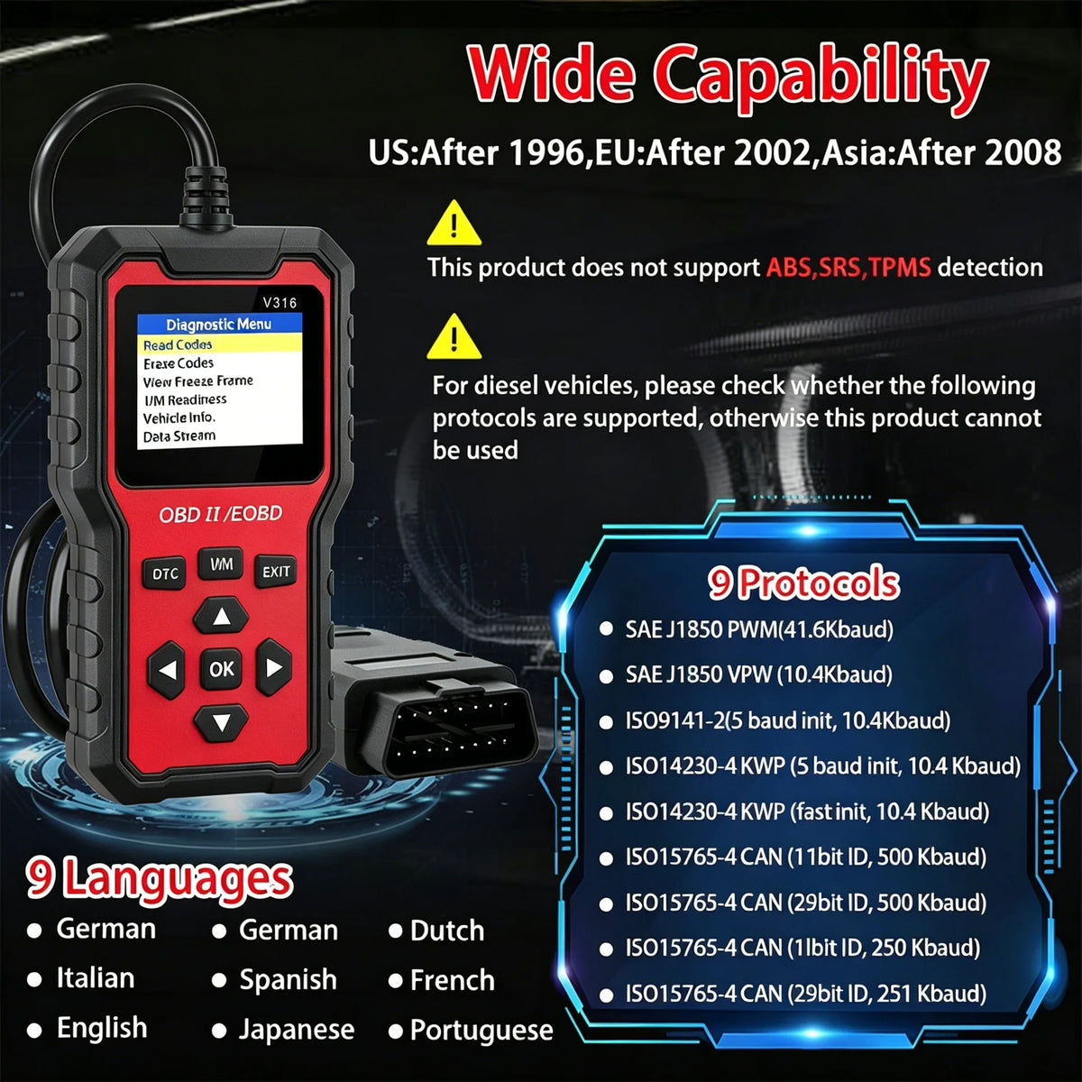 V316 OBD2 Scanner – Engine Code Reader & Battery Tester
