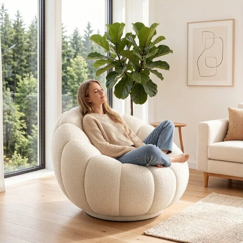 Lamb Wool Plush Pumpkin Single Sofa Chair – Cream Lounge Seat