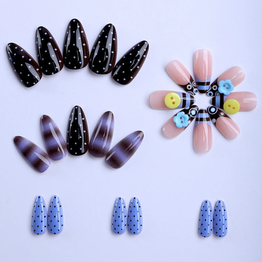 24pcs 3D Flower Press-On Nails Y2K Brown Blue Gradient Almond