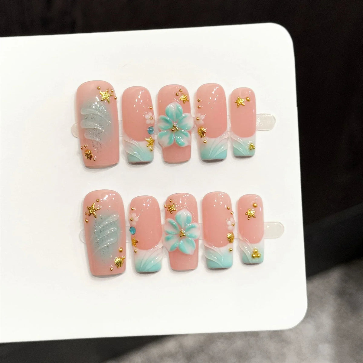 Handmade Press On Nails – Ocean 3D Flower Long Square | 10pcs