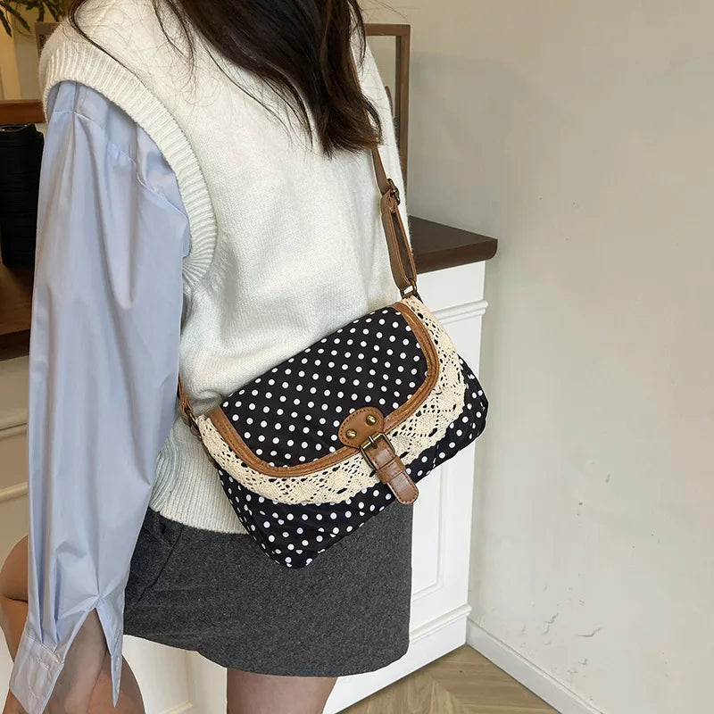 Korean Polka Dot Canvas Crossbody Bag | Small Shoulder Purse