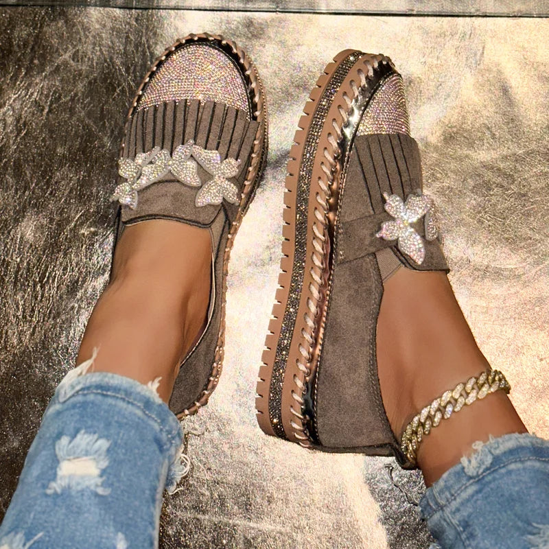 Women's Rhinestone Loafers – Cow Suede Slip-On Flat Shoes