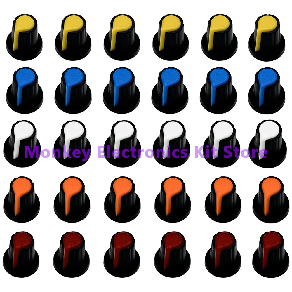30-Piece Plastic Potentiometer Knobs 6mm Shaft – 5 Colors