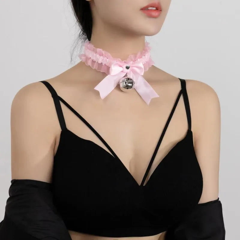 Gothic Lace Bow Bell Choker Necklace – Women's Party Jewelry