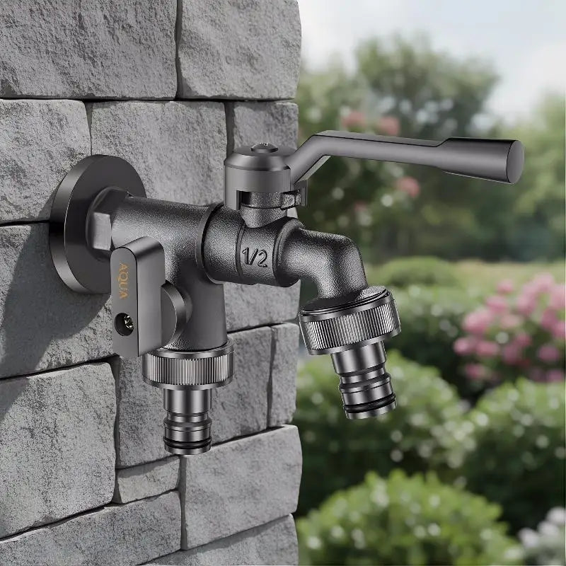 Freeze-Proof 2-Way Garden Faucet – Dual Outlet Zinc Alloy Tap