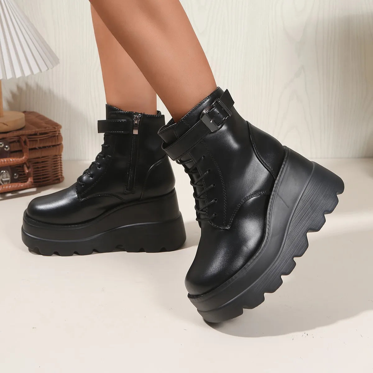 Women's Leopard Print Goth Ankle Boots | Chunky Wedge Heel