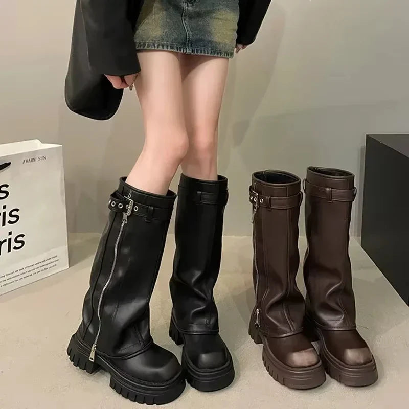 Women's Knee-High Biker Boots – Platform Belt Buckle Winter