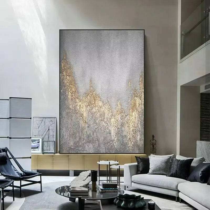 Handmade Gray & Gold Foil Abstract Oil Painting | Canvas Wall Art