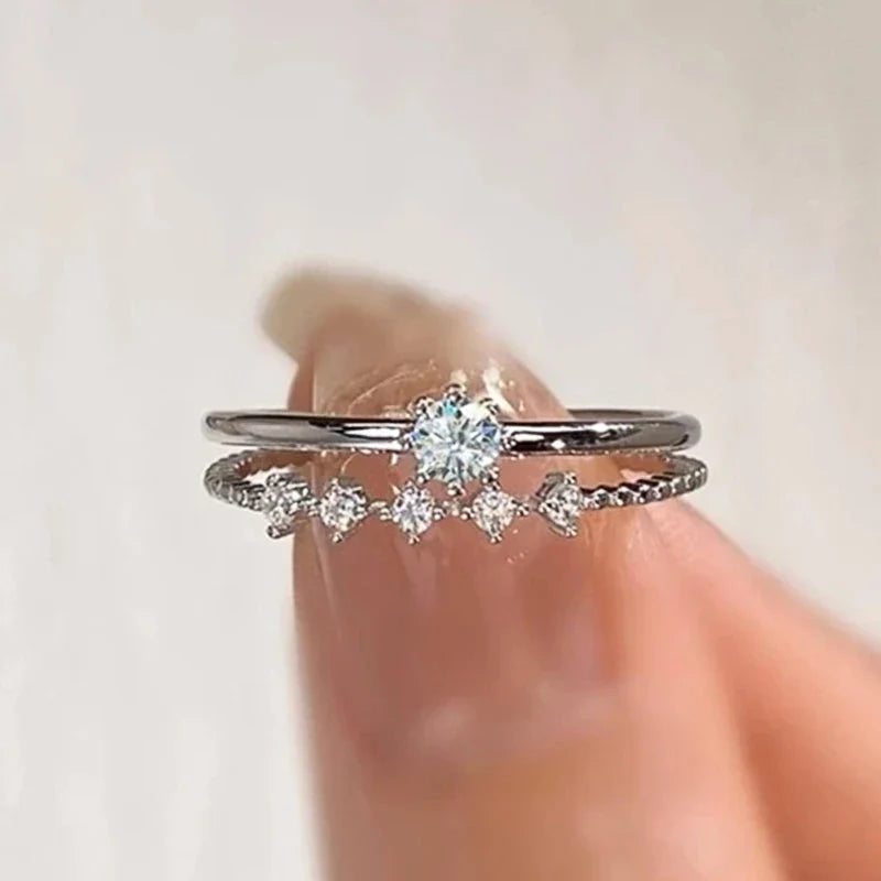 Huitan 2-Piece Stackable Silver CZ Thin Rings Set for Women