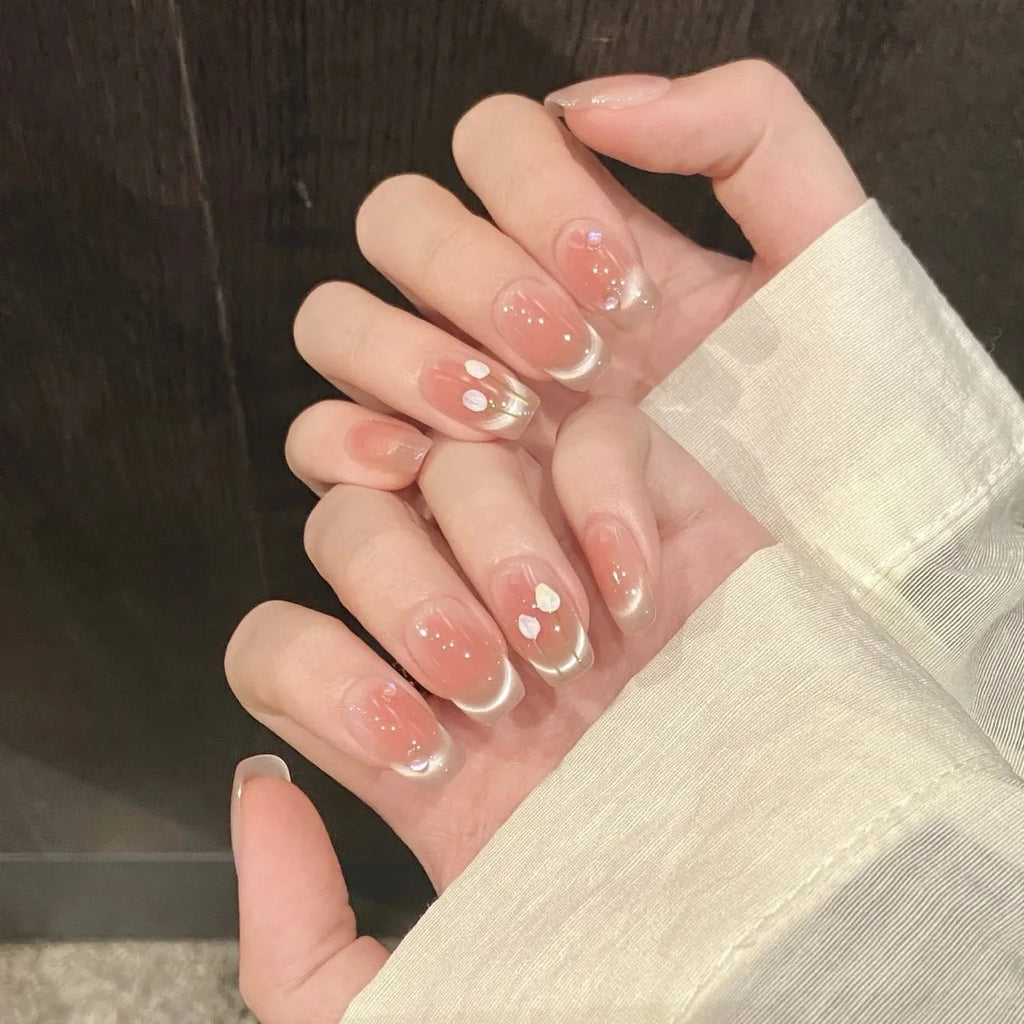 Pink Blush French Cat Eye Press On Nails | Short Coffin 10pcs