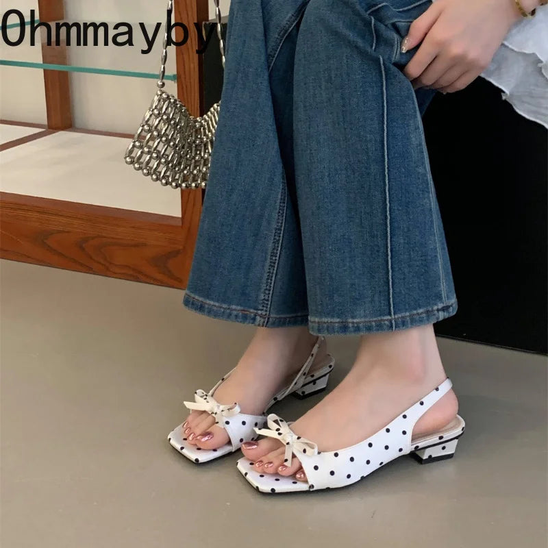 Polka Dot Bow Women's Slingback Sandals – Square Toe Low Heel