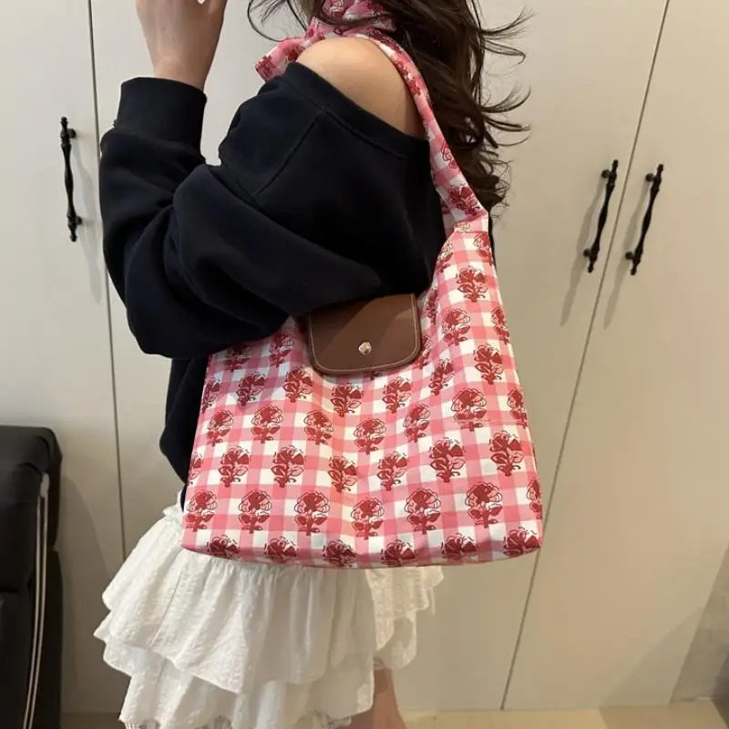 Floral Plaid Canvas Tote Bag – Large Capacity Women's Shoulder
