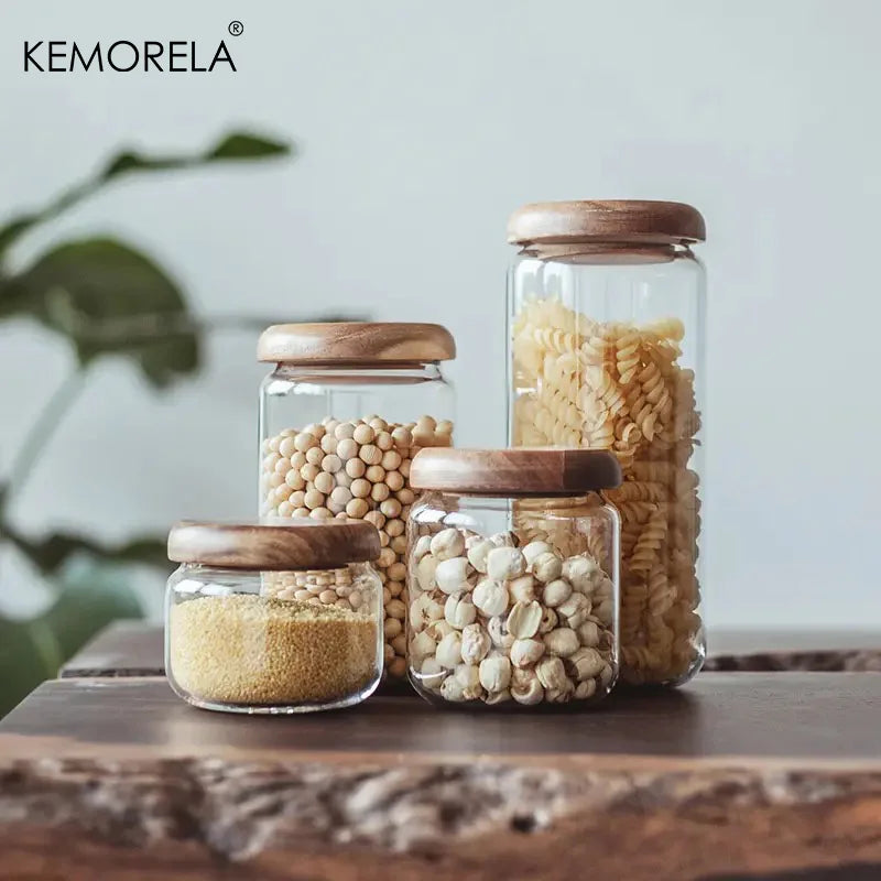 KEMORELA Glass Airtight Storage Jar with Acacia Wood Lid
