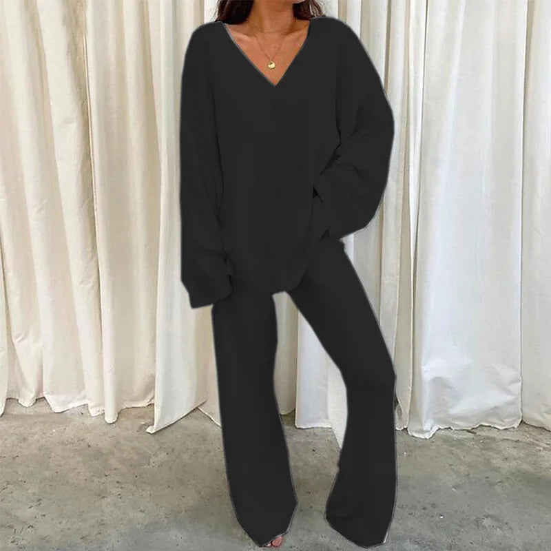 Women's Winter V-Neck Pajama Set – 2-Piece Sleepwear S–3XL