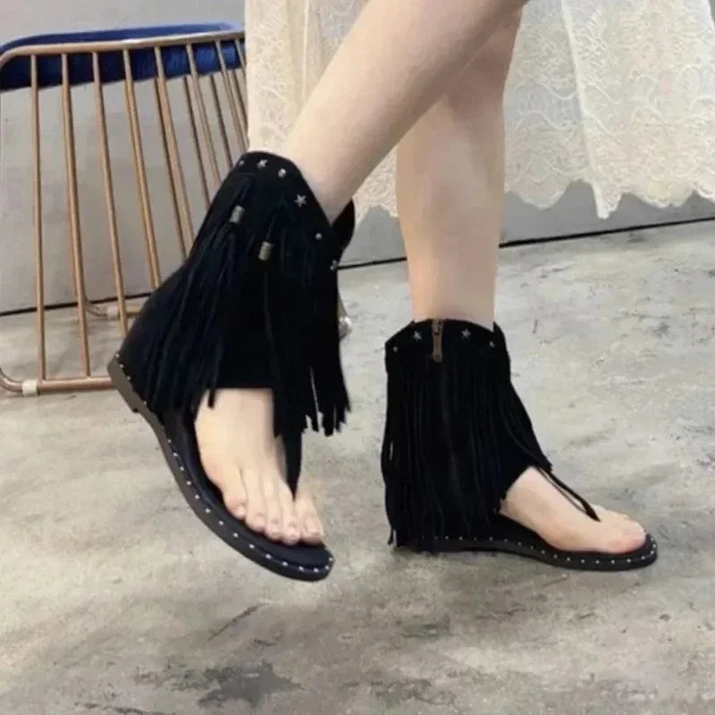 Women's Gladiator Sandal Boots | Tassel Flat Roman Toe Clip