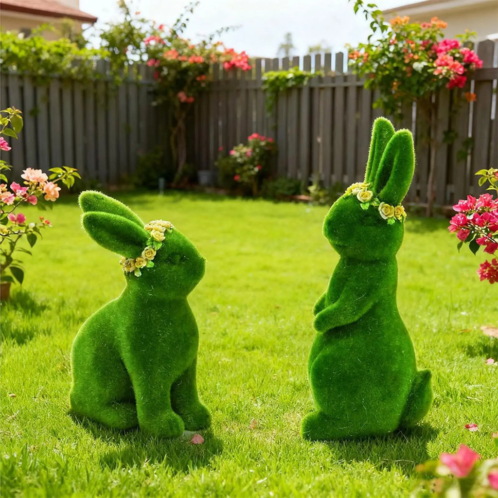 Flocked Easter Bunny Resin Moss Figurine | Spring Decor