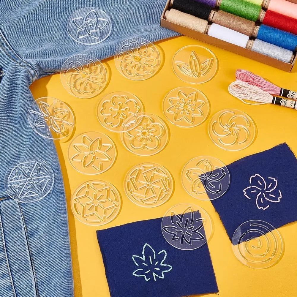 16-Pc Acrylic Sashiko Stencil Set – Flower Embroidery Templates