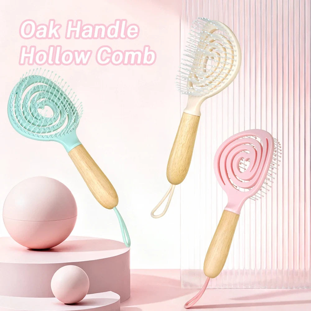 Pastel Spiral Vent Hair Comb – Oak Wood Handle | 3 Colors