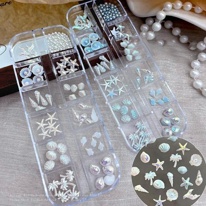 3D Ocean Nail Charms – Shell, Starfish & Mermaid 12-Grid Box