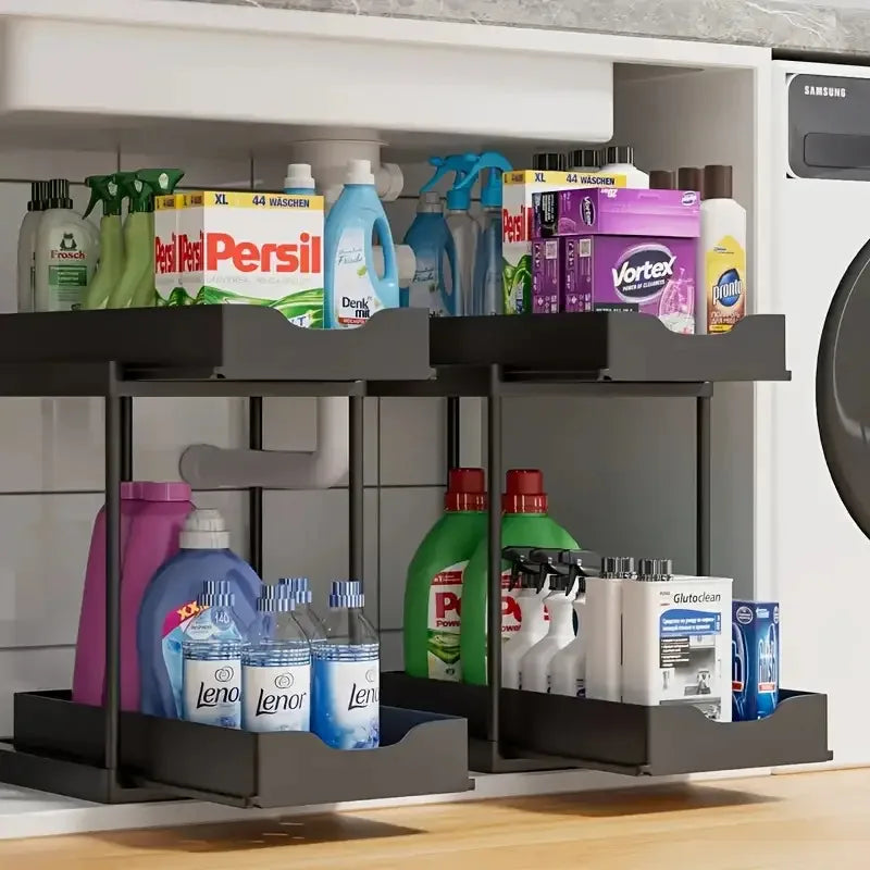 Pull Out Storage Rack 2 Tier Black White Under Sink Organizer