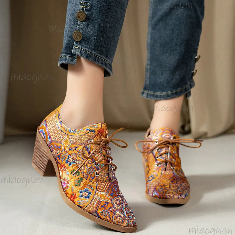 Printed Lace-Up High Heel Pumps – Women's Round Toe Shoes
