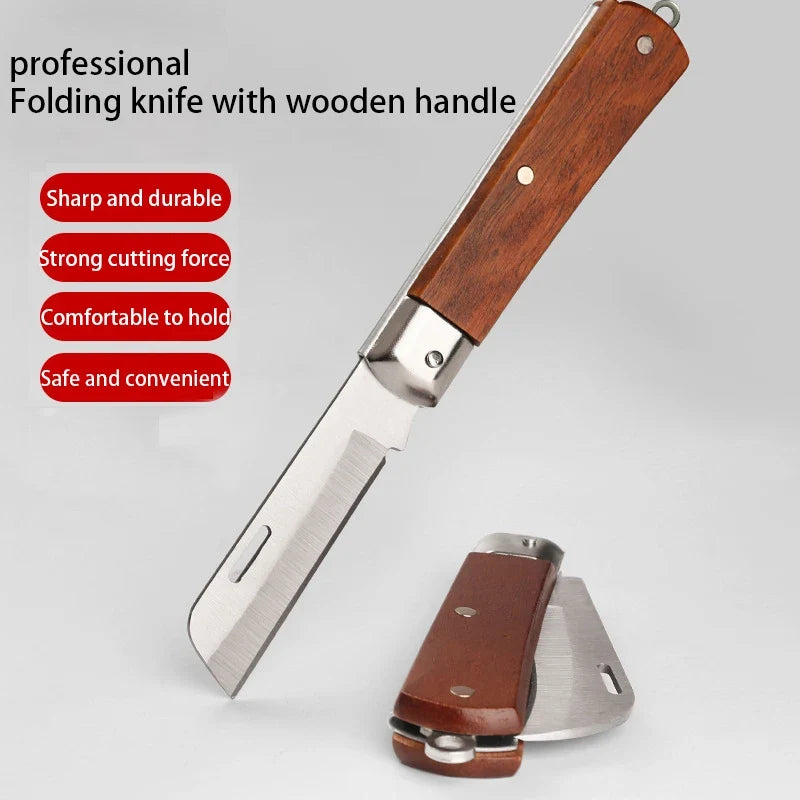 Stainless Steel Folding Knife – Wood Handle Outdoor Multi-Tool