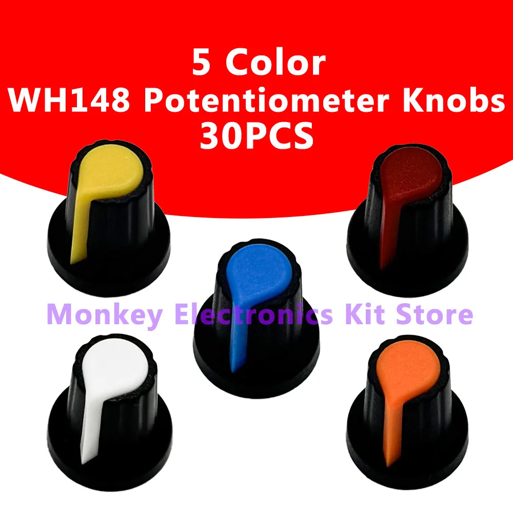 30-Piece Plastic Potentiometer Knobs 6mm Shaft – 5 Colors