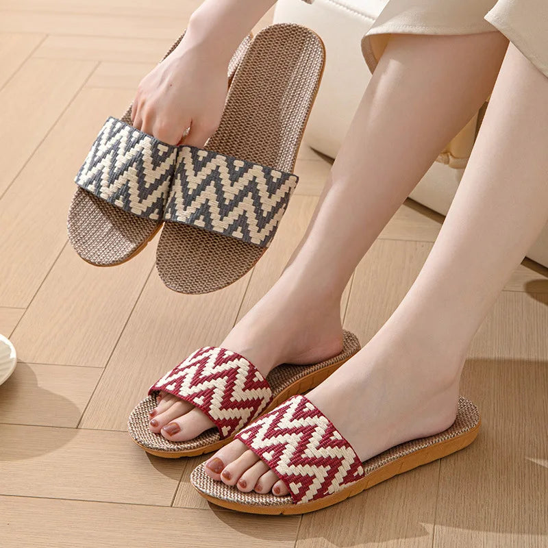 Women's Linen Indoor Slippers – Anti-Slip Thick Sole House Slides