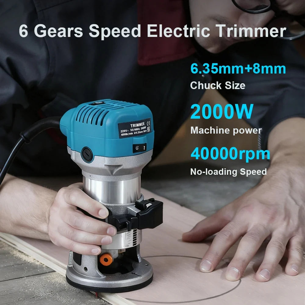 220V 2000W Wood Router Trimmer | 6-Speed Adjustable Woodworking Tool