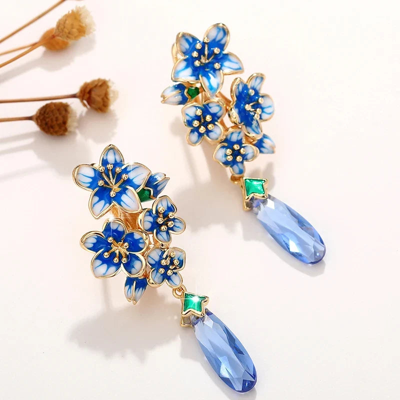 Huitan Blue Morning Glory Drop Earrings – Gold Floral Jewelry