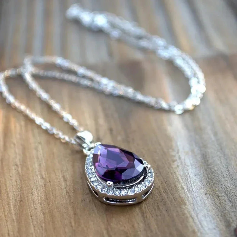 Huitan Purple Waterdrop CZ Pendant Necklace for Women